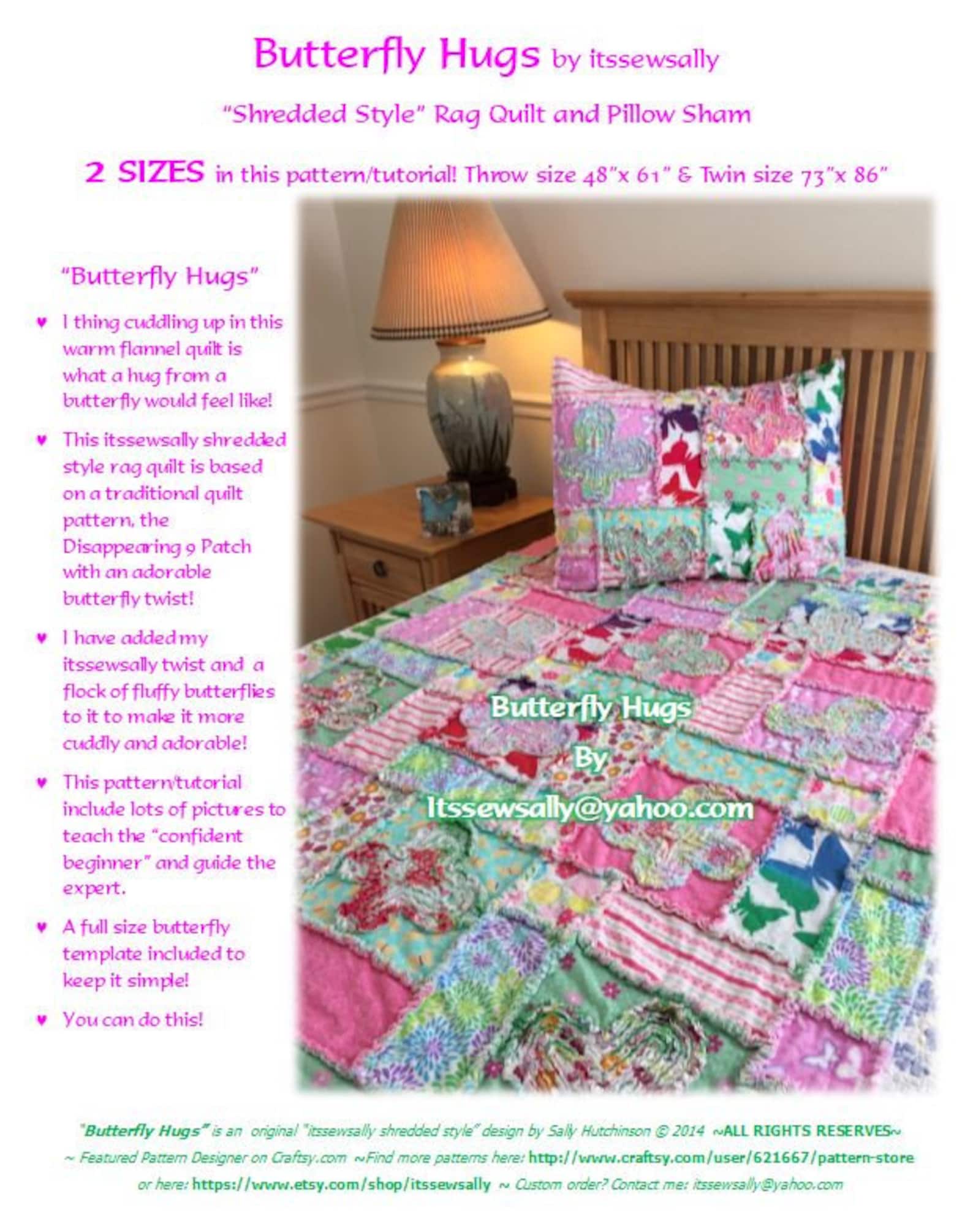Butterfly Rag Quilt & Pillow Sham PDF Pattern: Twin or Throw Size ...