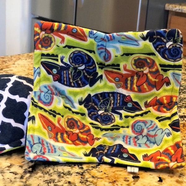 thick Microwave Bowl Cozies! LeApInG LiZaRd'S in blue & orange! - THICKER 100% Cotton FLANNEL-batting-washable-reversible-microwave safe