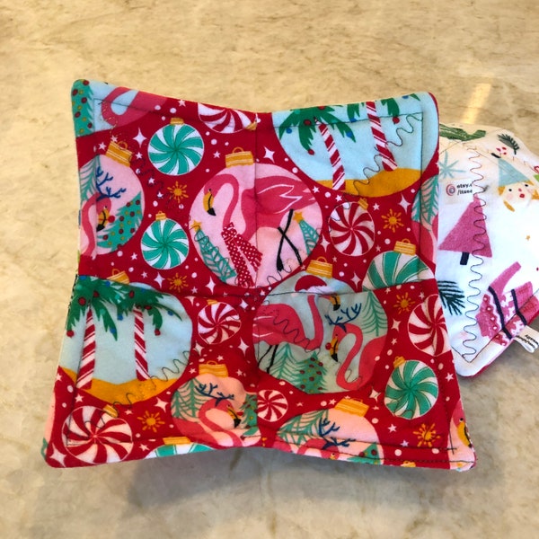 THICK Bowl Cozies! Flamingos Christmas in the South! - Nice & THICK, Ships Quick! 100% Cotton FLANNEL-washable and microwave safe