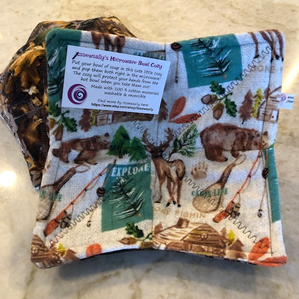 Thick Microwave Bowl Cozies! Exploreig, bears, deer, fishing - Nice & THICK, Ships Quick! 100% Cotton FLANNEL-washable and microwave safe