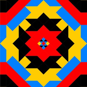 May include: A geometric pattern with a repeating design of black, red, yellow, and blue triangles and squares.
