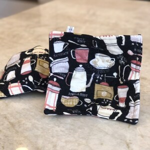 Microwave Bowl Cozies - Coffee Time- Black and Cream BETTER, STRONGER, THICKER! 100% Cotton everything - durable, washable & microwave safe!