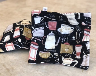 Microwave Bowl Cozies - Coffee Time- Black and Cream BETTER, STRONGER, THICKER! 100% Cotton everything - durable, washable & microwave safe!