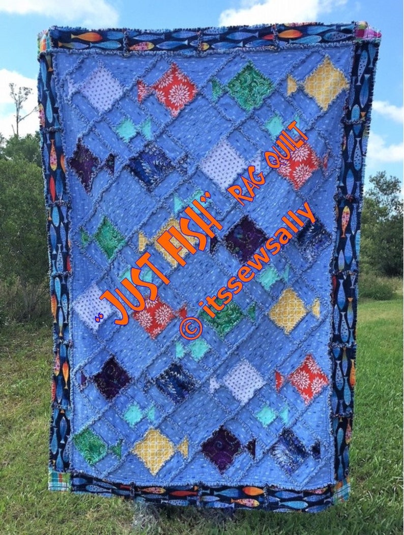 JuSt FiSh Rag Quilt PDF PATTERN-TUTORIAL Two sizes Adult throw size 50 X 70 or Twin bed size 72 x 93 for the boys or the Beach image 1