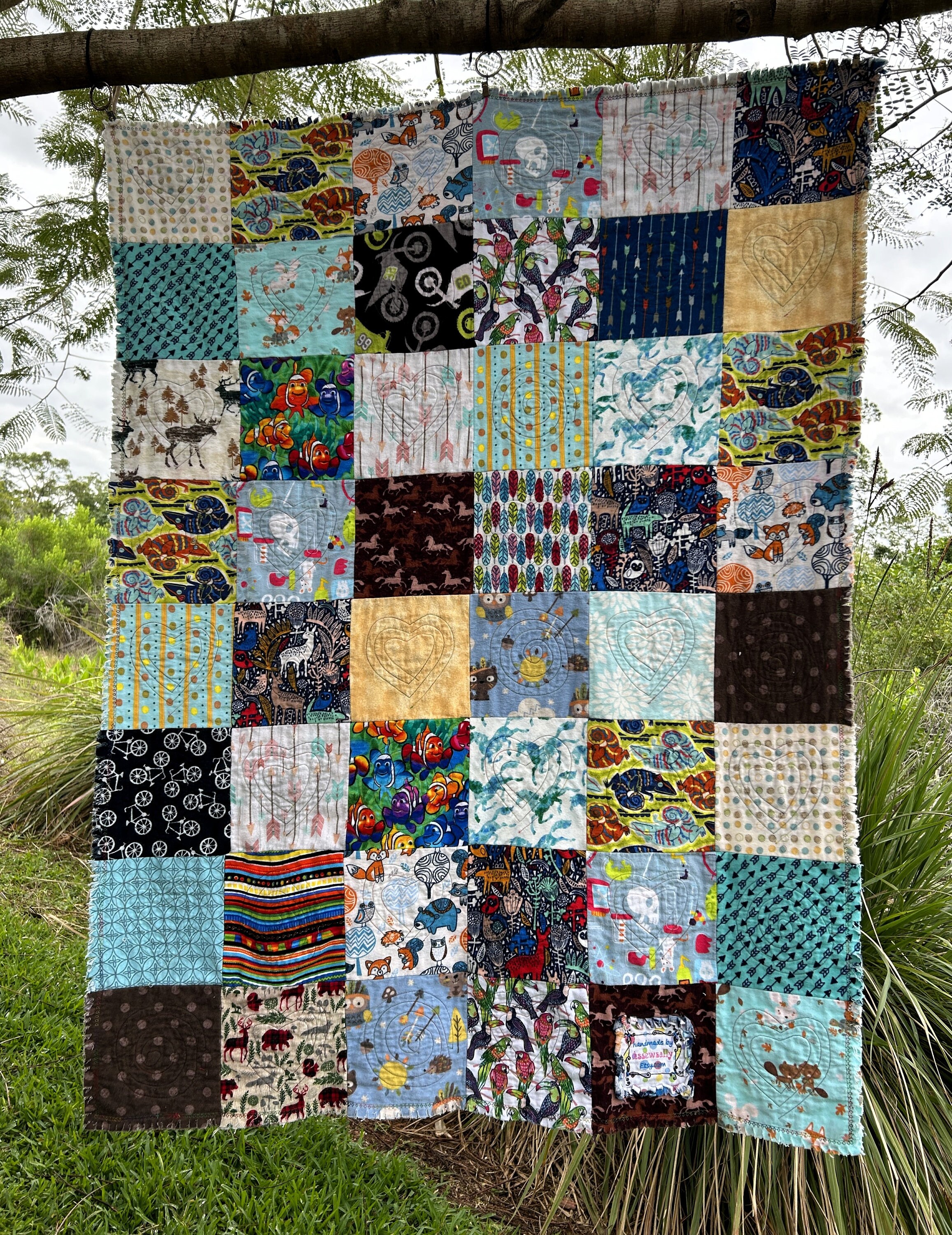 Fish Rag Quilt Jamie Quilt- Appliqued Flannel Rag Quilt Throw- 41