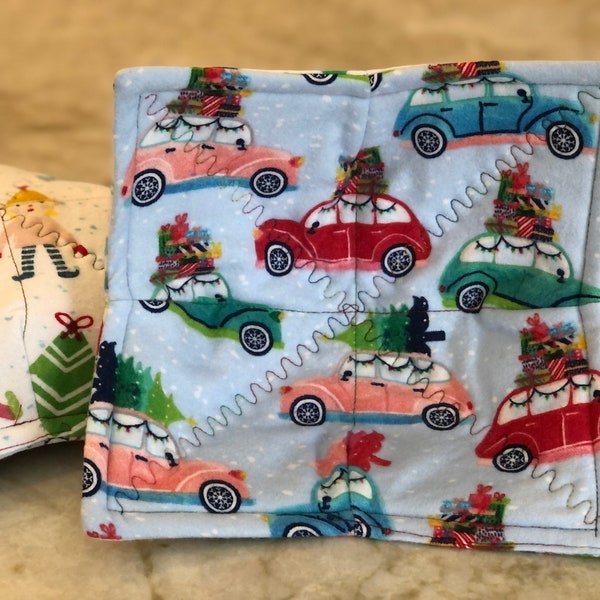 Holiday Bowl Cozies! Retro Cars loaded with gifts!! Nice & THICK, Ships Quick! 100% Cotton FLANNEL-washable and microwave safe