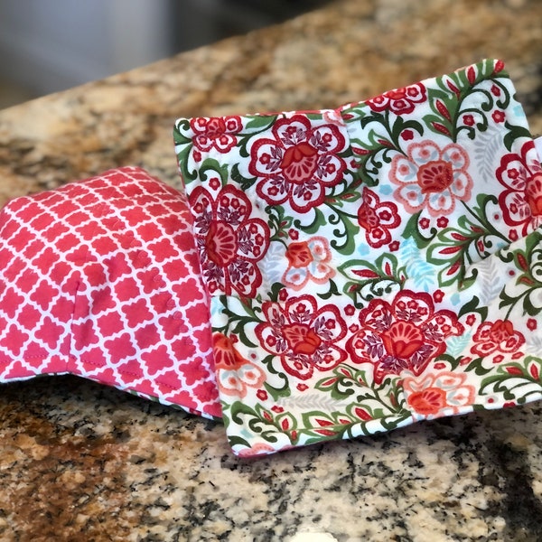 Thick +Safe Microwave Cozies! Red & Coral Flowers reverse to coral/orange with white lattice 100% Cotton FLANNEL-batting-washable-reversible