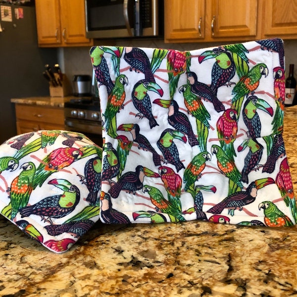 Best Microwave Bowl Cozys! Colorful Parrots and Toucans- THICKER 100% Cotton FLANNEL-batting-washable-and sturdy-microwave safe