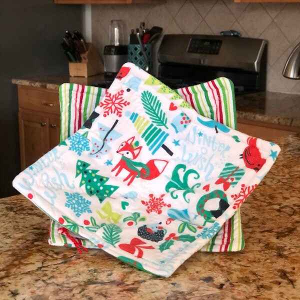 Microwave Bowl Cozies! - Holiday print and stripes- Nice & THICK, Ships Quick! 100% Cotton FLANNEL-batting-washable and microwave safe
