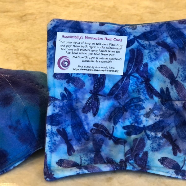 Thick +Safe Microwave Cozies! Dragonfly blue/purple reverse to tie-dye or light blue lattice-100% Cotton FLANNEL-batting-washable-reversible