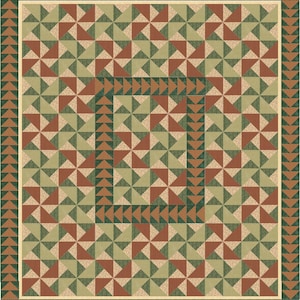 以下が含まれることがあります： 緑、茶色、赤の三角形が繰り返されるパターンで構成されたキルト。キルトは茶色と緑の三角形の縁取りがされている。