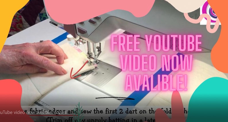 May include: A close-up of a person's hand sewing fabric on a sewing machine. The image has a colorful background with the text "FREE YOUTUBE VIDEO NOW AVAILABLE!" in pink.