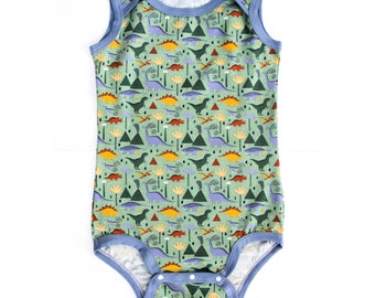 Summer ABDL bodysuit. Put it on a diaper. Unisex short-sleeve dino body. Big boy overalls. Adult size diaper cover.