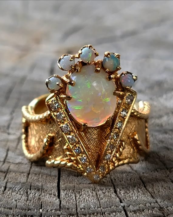 Antique opal diamond engagement ring 14k