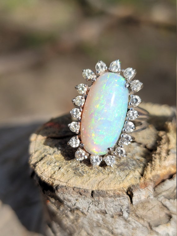 Stunning vintage opal and diamond  ring 14k white… - image 7