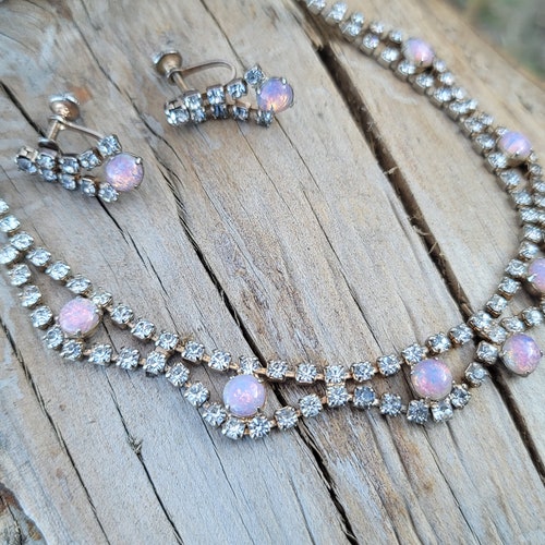 Vintage Rhinestone and dragons breath faux opal shops demi parure