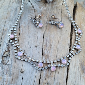 Vintage Rhinestone and dragons breath faux opal demi parure