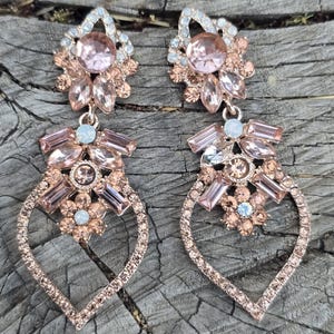 Pinky/peach Champagne Rhinestone rose gold chandelier dangle earrings