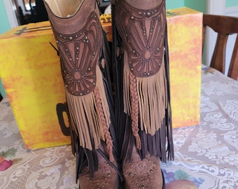 Rare Corral brown multi fringe harness boots