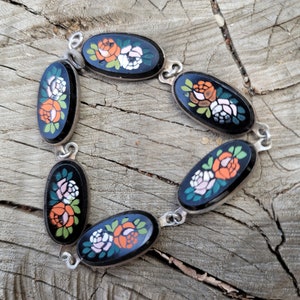 Bracciale vintage in argento sterling floreale dipinto a mano