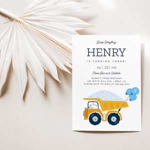 Minimalist Dump Truck Birthday Invitation, Editable Dump Truck party invite, Dump Truck birthday Firemen Firetruck INSTANT DOWNLOAD