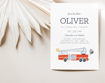 Minimalistische Feuerwehrmann-Geburtstagseinladung, bearbeitbare Firetruck-Party einladen, Feuerwehrauto-Geburtstag Feuerwehrmänner Firetruck INSTANT DOWNLOAD - A034