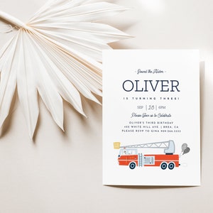 Minimalist Firetruck Birthday Invitation, Editable Fireman Party Invite (Digital Download)