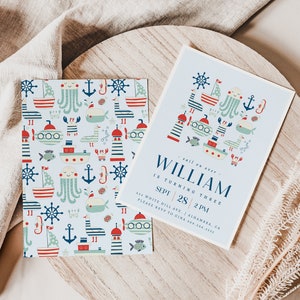 May include: A blue and white invitation with a nautical theme. The invitation says "Sail on over, William is turning three, Sept 28, 2 PM, 415 White Hill Ave, Alhambra, CA, Please RSVP to [phone number]". The invitation has a pattern of nautical objects like anchors, ships, and sea creatures.