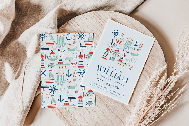 May include: A blue and white invitation with a nautical theme. The invitation says "Sail on over, William is turning three, Sept 28, 2 PM, 415 White Hill Ave, Alhambra, CA, Please RSVP to [phone number]". The invitation has a pattern of nautical objects like anchors, ships, and sea creatures.