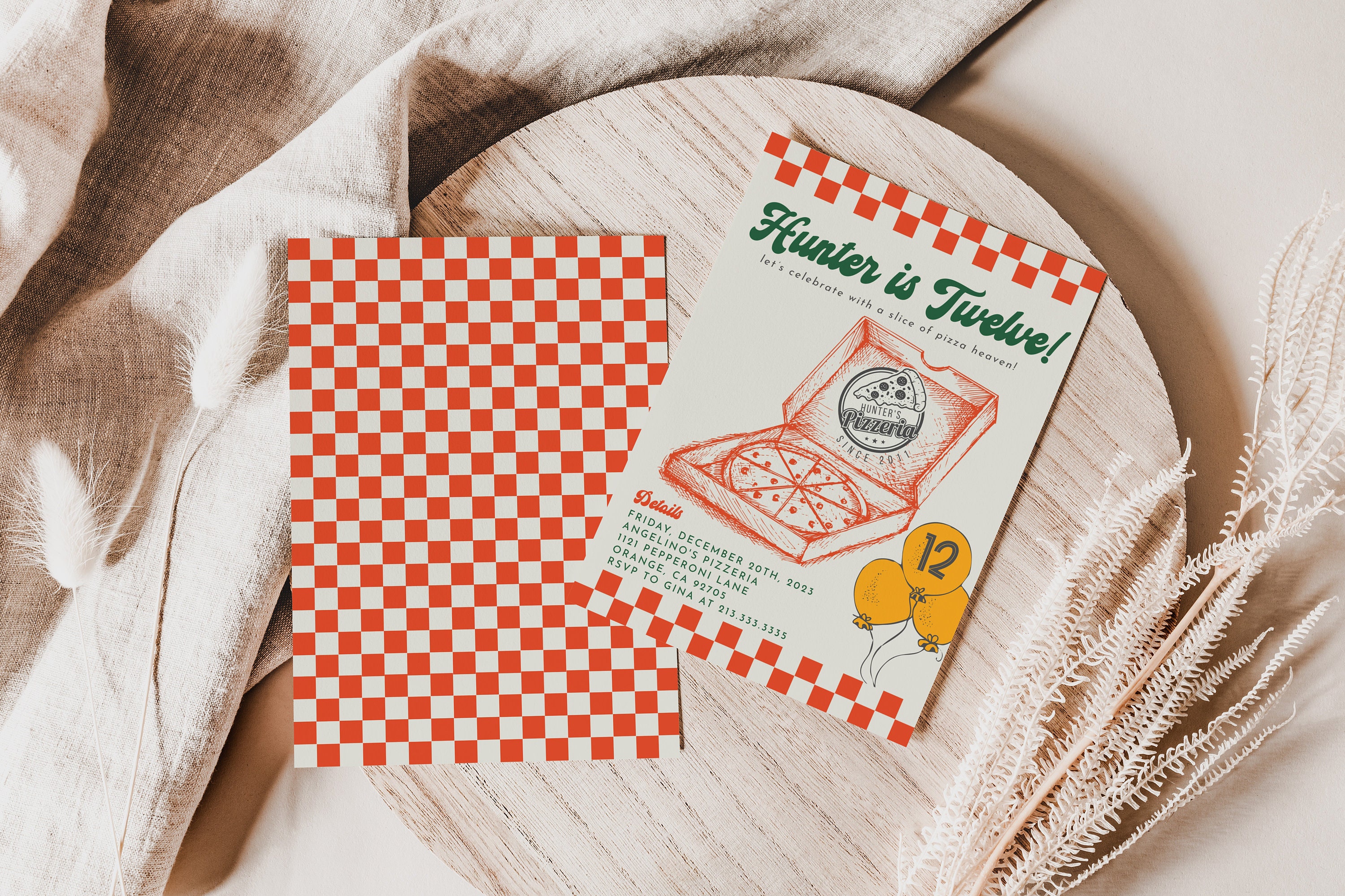 Pizza-Party-Einladung | Retro Pizza Geburtstag | EDITIERBAR, SOFORTIGER DOWNLOAD - A111512