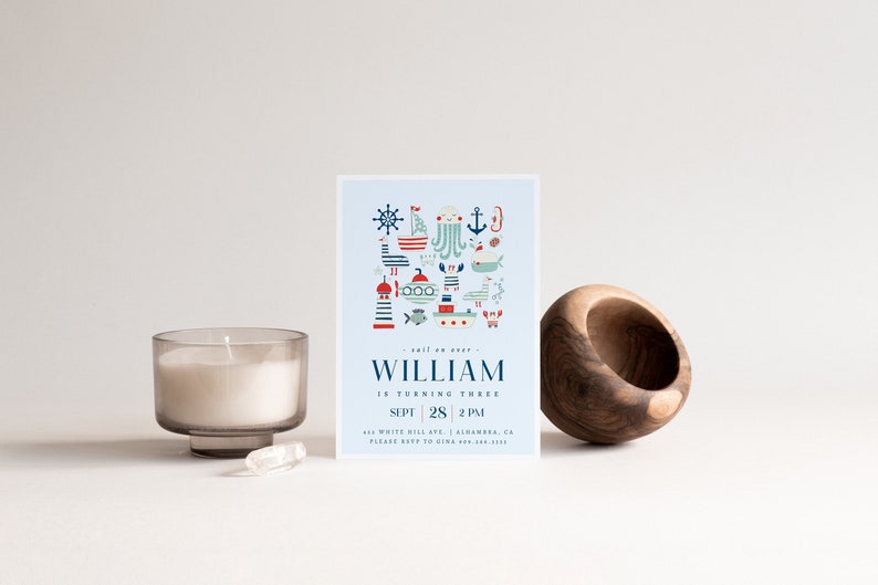 Modern Nautical Birthday Invitation, Sail Boat Birthday Invite, EDITABLE, INSTANT DOWNLOAD - A022623 image 1