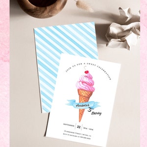 Ice Cream Birthday Invitation, Ice Cream Birthday Invite, ice cream cone, EDITABLE, INSTANT DOWNLOAD image 3