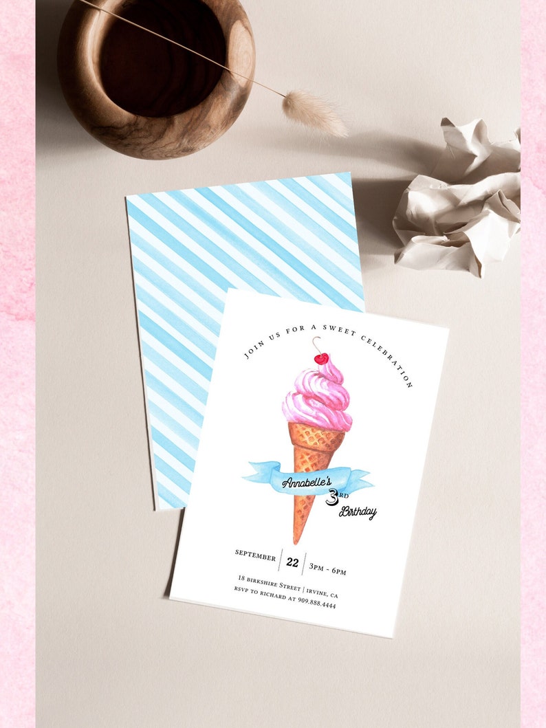 Ice Cream Birthday Invitation, Ice Cream Birthday Invite, ice cream cone, EDITABLE, INSTANT DOWNLOAD image 3