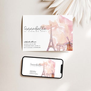 May include: A pink and white watercolor invitation with a drawing of the Eiffel Tower, Arc de Triomphe, and a windmill. The text on the invitation reads "Annabelle is turning one!" and includes details for a party on June 22, 2022, at 15 Berkshire Street, Irvine, CA. RSVP to Richard at 909.888.4444.
