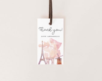 Paris Birthday Thank You Tag, Paris Birthday Favor Tag, EDITABLE, INSTANT DOWNLOAD