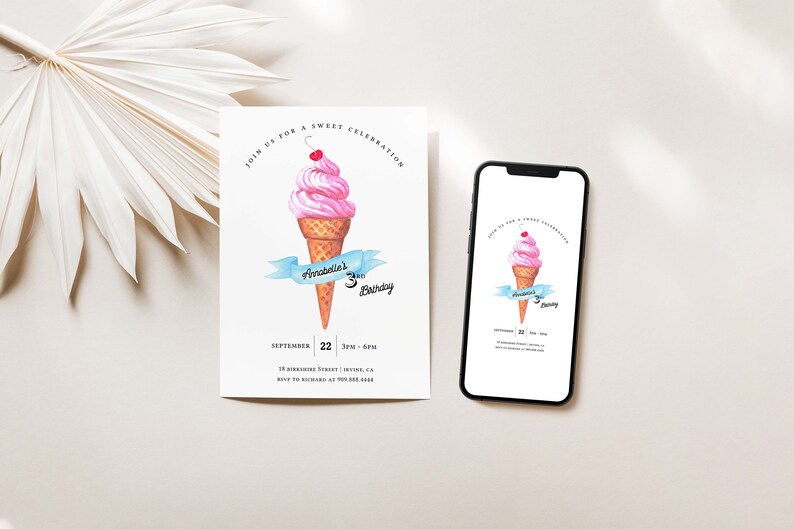 Ice Cream Birthday Invitation, Ice Cream Birthday Invite, ice cream cone, EDITABLE, INSTANT DOWNLOAD image 4