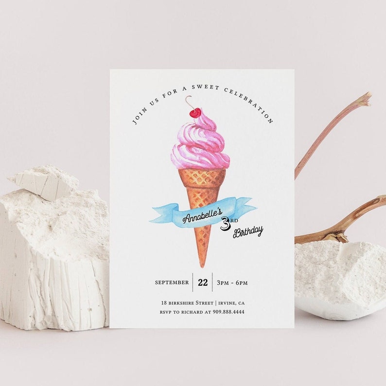 Ice Cream Birthday Invitation, Ice Cream Birthday Invite, ice cream cone, EDITABLE, INSTANT DOWNLOAD image 1