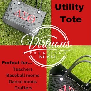 May include: Black utility tote bag with a gray leopard print pattern and red Greek letters. The bag has black handles and is sitting on green grass. The text "DST Utility Tote" is visible.