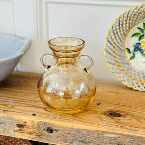 Vintage Amber Glass Amphora Vase with Double Handles | Honey-Toned 1970s Style Decorative Vessel