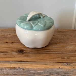 May include: A ceramic lidded jar with a smooth white base and a light green lid shaped like a cluster of leaves. The lid features a central handle that resembles a single stem or leaf, providing a decorative top to the rounded container.