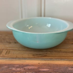 May include: A round, light turquoise bowl with a smooth, glossy finish and a wide, flat rim. The interior of the bowl is a lighter, off-white shade, contrasting with the vibrant exterior color. The bowl features a simple, curved design.