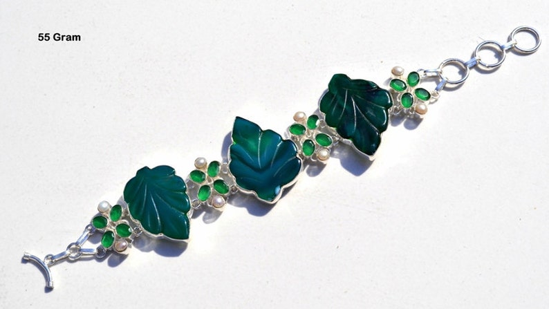 Pearls Emerald Silver Bracelet********* Amazing 275Carats Of Carved Green Onyx