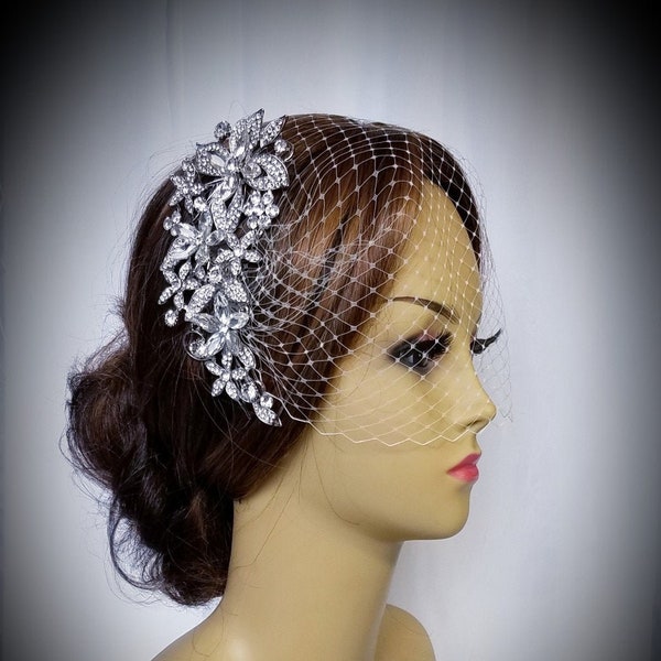 LARGE RHINESTONE BRIDAL Headpiece, With or Without Birdcage Veil, Rhinestone Flower Bridal Headpiece, Style Name - "Arizona"