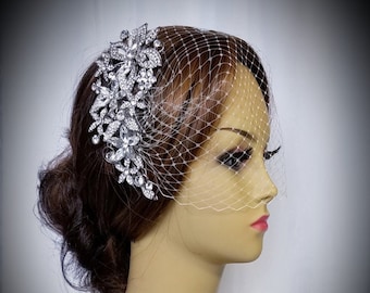 Rhinestone Flower Bridal Headpiece with Birdcage Veil - Style - "Arizona"