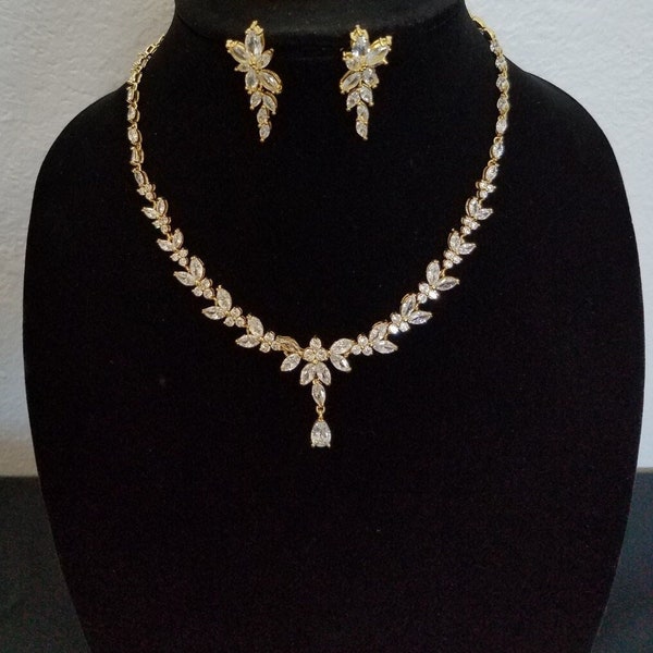 CLEARANCE SALE 40% OFF Cubic Zirconia Set - Platinum Gold Plated 3 Piece Necklace and Earrings Set, Bridal, Prom, Quince, Style-"Jaden Gold"