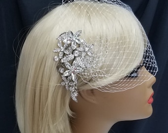 RHINESTONE FLOWER BRIDAL Headpiece, With or Without Birdcage, Tulle or Sparkle Veil, Rhinestone Flower Hair Comb, Style Name - "Angelina"