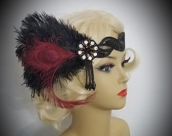 BURGUNDY PEACOCK Feather Flapper Headpiece, Downton Abbey, Roaring 20's Feather Flapper Headband, Gatsby - Style - "Ashley Burgundy"