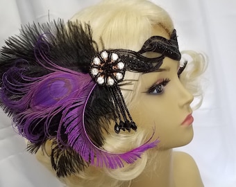 PURPLE and BLACK PEACOCK Feather Flapper Headpiece, Downton Abbey, Feather Headband, Roaring 20's, Gatsby - Style - "Ashley Purple"