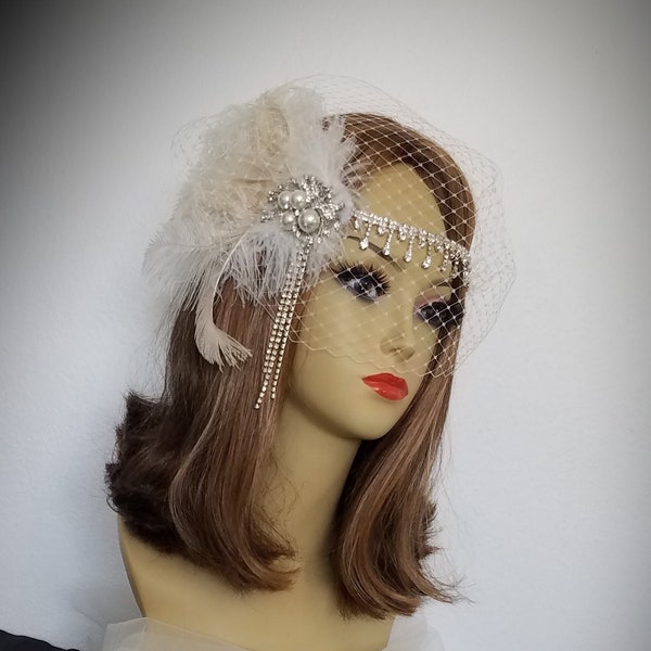 PEACOCK FEATHER GATSBY Bridal Headpiece, Other Colors Available, With Or Without Veil, Flapper Bridal, Style- "Casablanca Silver"