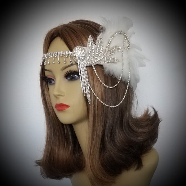 RHINESTONE Feather Flapper Headband, Great Gatsby Bridal Headpiece With or Without Birdcage or Tulle Veil, Available in Other Colors, "Zoey"